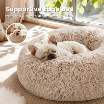 Calming Donut Pet Bed for Cats and Small to Medium Dogs, Anti-Anxiety Fluffy Warming Bed in Beige Taupe, Available in 20" and 24" Sizes