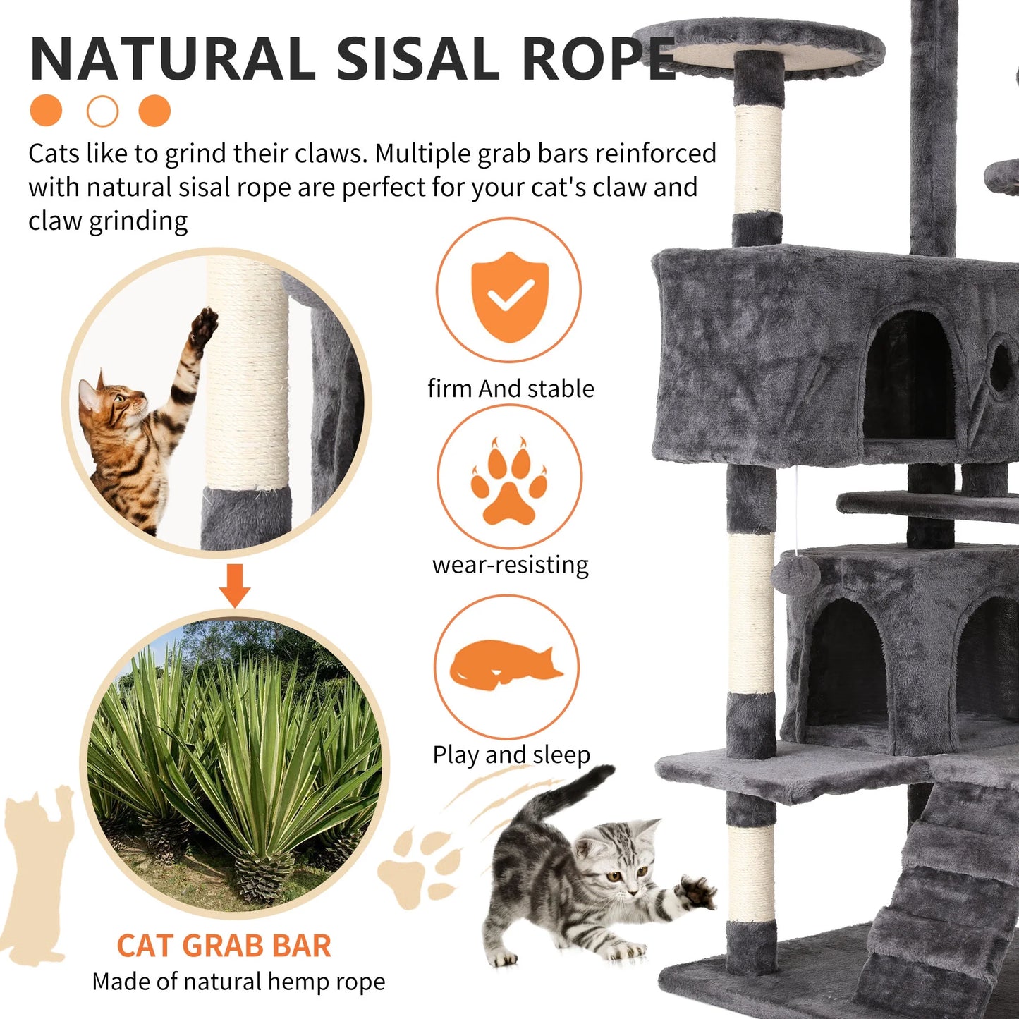 54-Inch Double Condo Cat Tree Tower with Scratching Post and Perch for Indoor Use, Light Gray