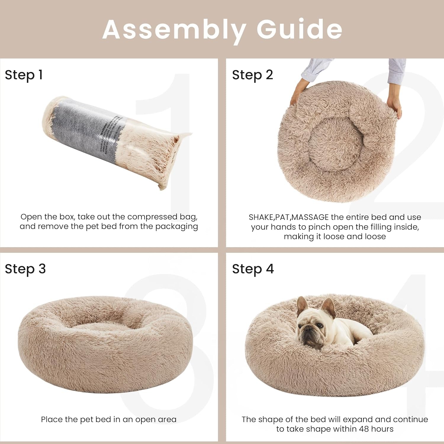 Calming Donut Pet Bed for Cats and Small to Medium Dogs, Anti-Anxiety Fluffy Warming Bed in Beige Taupe, Available in 20" and 24" Sizes