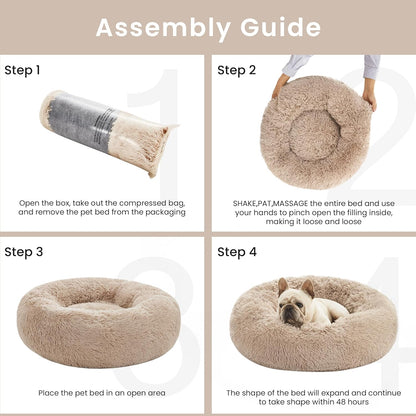 Calming Donut Pet Bed for Cats and Small to Medium Dogs, Anti-Anxiety Fluffy Warming Bed in Beige Taupe, Available in 20" and 24" Sizes