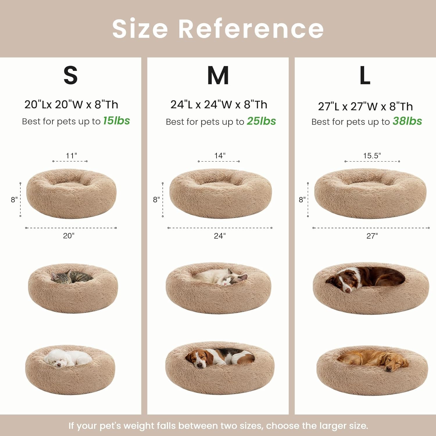 Calming Donut Pet Bed for Cats and Small to Medium Dogs, Anti-Anxiety Fluffy Warming Bed in Beige Taupe, Available in 20" and 24" Sizes