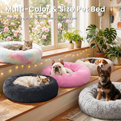 Calming Donut Pet Bed for Cats and Small to Medium Dogs, Anti-Anxiety Fluffy Warming Bed in Beige Taupe, Available in 20" and 24" Sizes