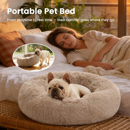 Calming Donut Pet Bed for Cats and Small to Medium Dogs, Anti-Anxiety Fluffy Warming Bed in Beige Taupe, Available in 20" and 24" Sizes