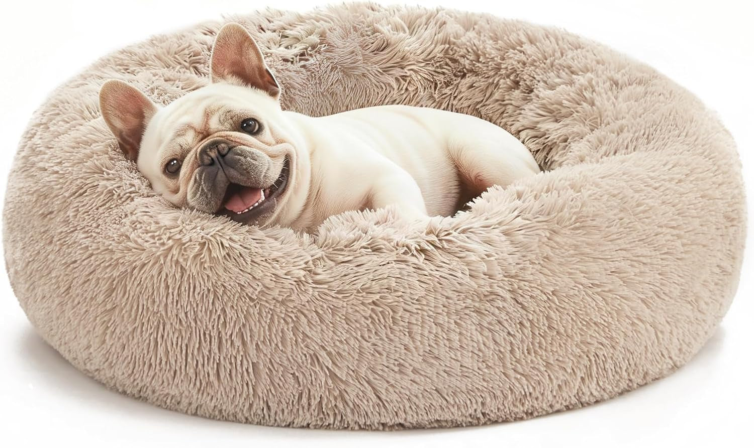 Calming Donut Pet Bed for Cats and Small to Medium Dogs, Anti-Anxiety Fluffy Warming Bed in Beige Taupe, Available in 20" and 24" Sizes