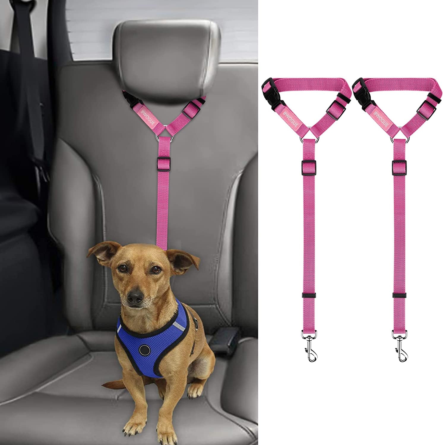 Dual Pack Dog Car Seat Belt with Headrest Restraint - Nylon Safety Straps