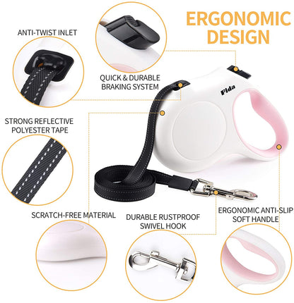 Retractable Dog Leash with Integrated Dispenser and Waste Bags, 10 Feet, White and Pink