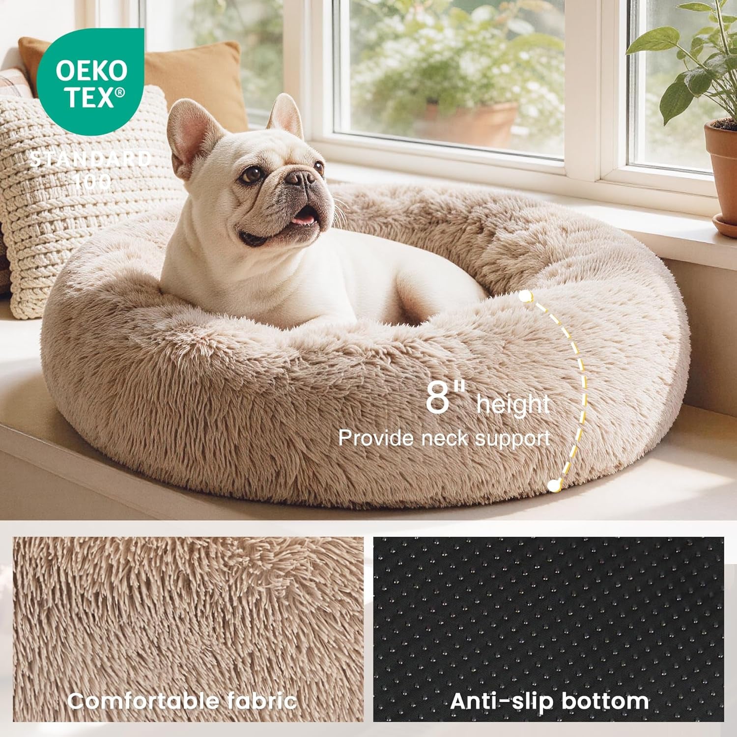 Calming Donut Pet Bed for Cats and Small to Medium Dogs, Anti-Anxiety Fluffy Warming Bed in Beige Taupe, Available in 20" and 24" Sizes